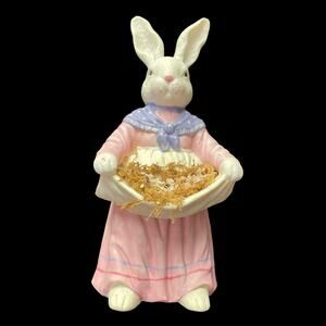 Vintage Ceramic Bunny Rabbit Figure Spring Pastel Pink Dress Apron Basket